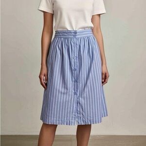 WHO WHAT WEAR light blue & white stripe 100% cotton button up midi skirt
